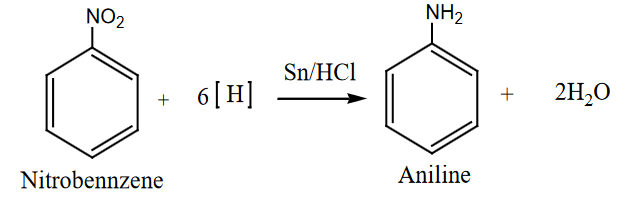 Nitrobenzene is reduced to aniline in the presence of a metal catalyst like Sn/HCl.