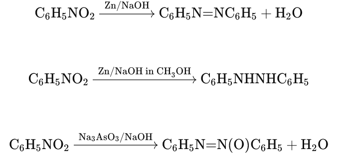 Nitrobenzene can be reduced to various products depending on the reducing agent and the alkaline medium used.  With Zn/NaOH (aqueous): Produces azobenzene.  With Zn/NaOH (in methanol): Produces hydrazobenzene.  With Na₃AsO₃/NaOH: Produces azoxybenzene.