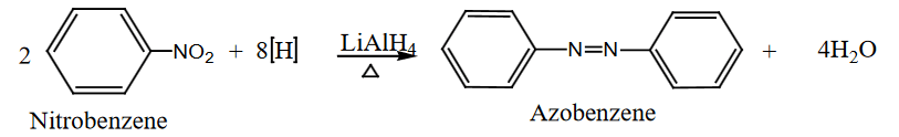 Nitrobenzene is reduced to azobenzene in the presence of lithium aluminum hydride (LiAlH₄).