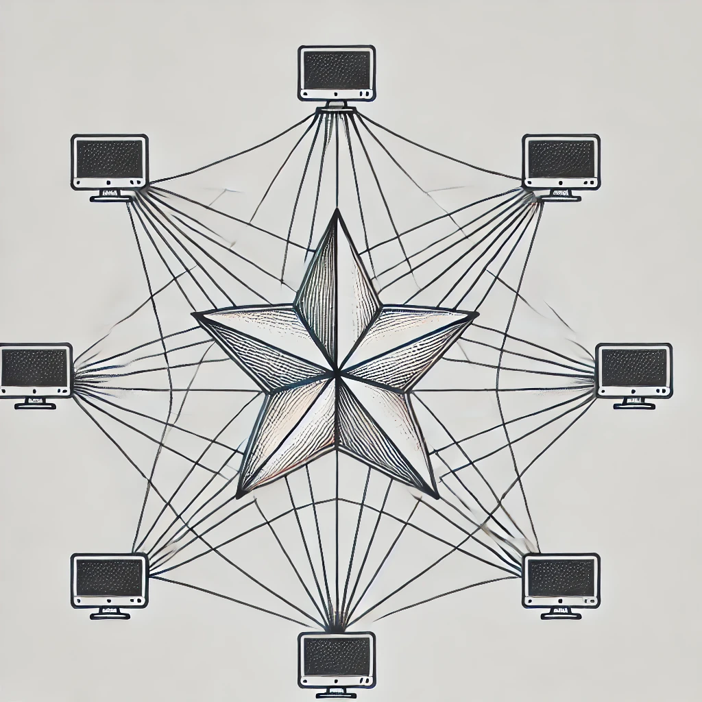 drawing of star topology.

Network topology is the inter-connected pattern of network components.